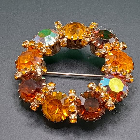 Vintage Karu Arke Style Autumn Rhinestone Wreath Brooch Topaz AB 1.75\